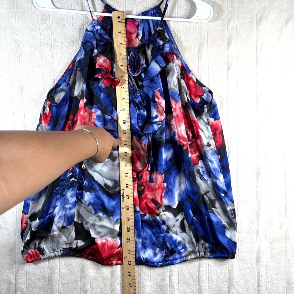 Y2K Women's Silky Floral Ruffle Sleeveless Top - Red, Blue, and Gray Size Large - Picture 9 of 13